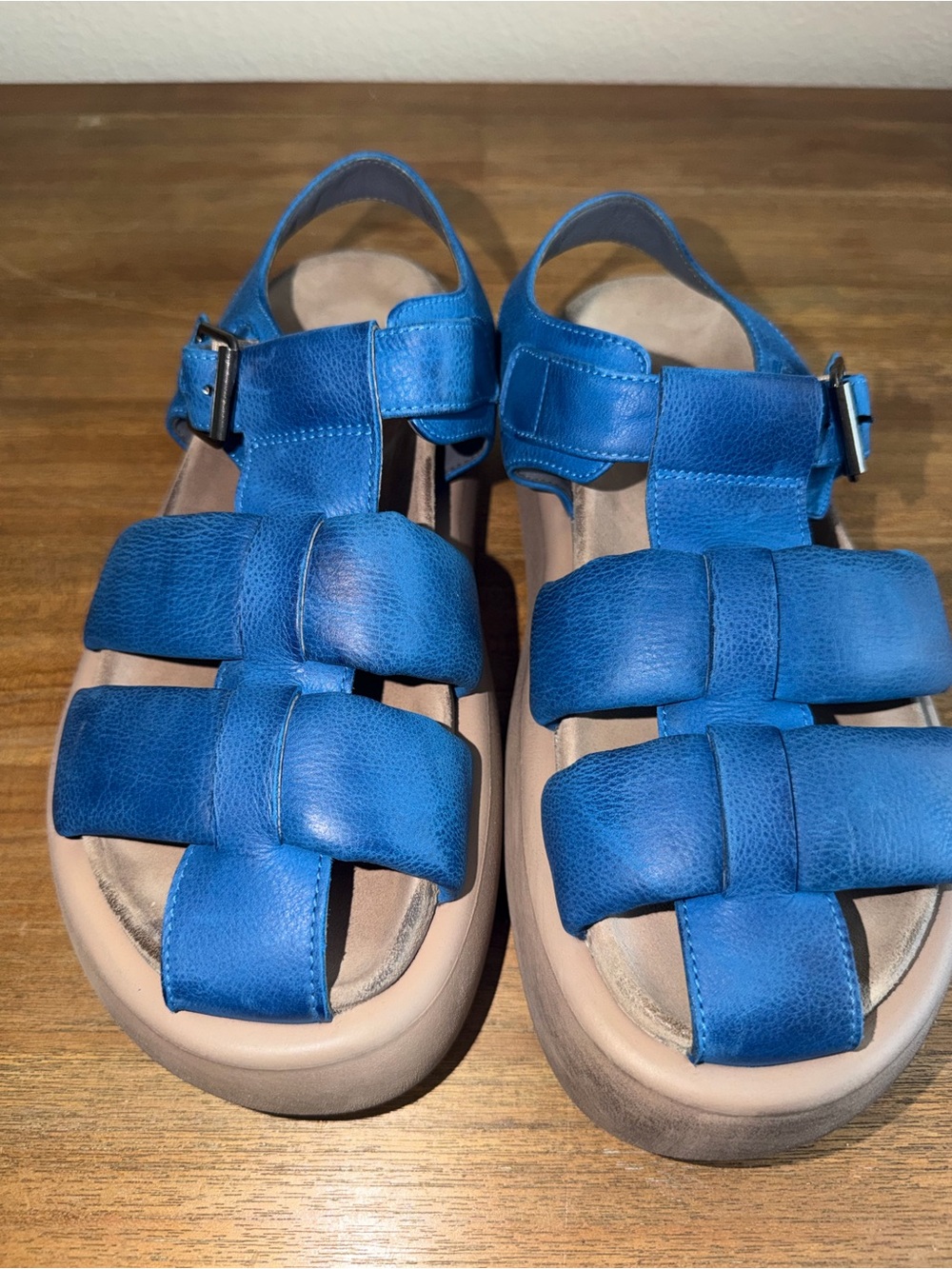 Blue Leather Strappy Sandals with Buckle Closure